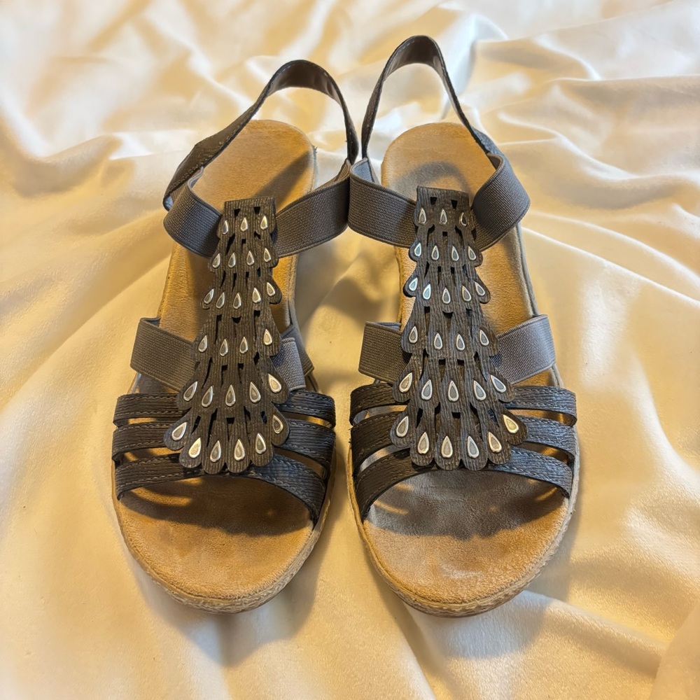 Rieker Fanni Sandal Women 7/38 Heeled Espadrille Elastic Strap Metal Antistress